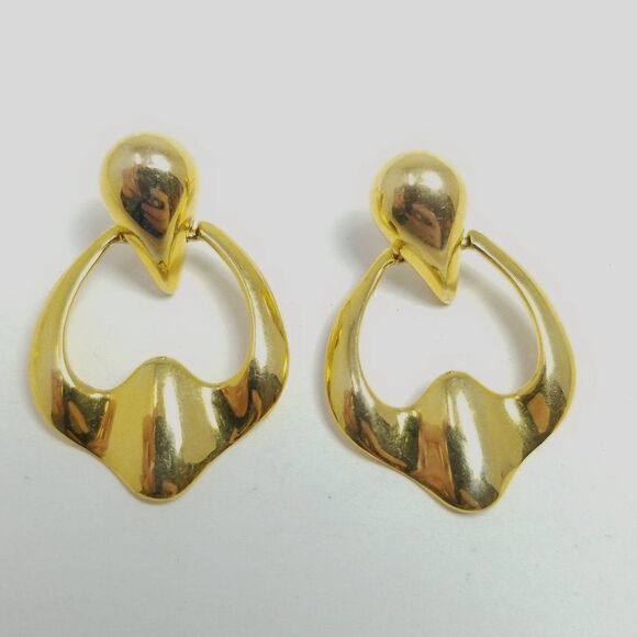 Vintage Gold Tone Door Knocker Style Stud Dangle Earrings, Classic Retro Design - Picture 3 of 7